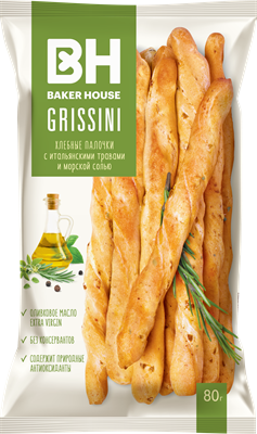 Хлебные палочки "GRISSINI" с итальянскими травами и морской солью под товарным знаком "Baker House" 80г*15шт - фото 4852