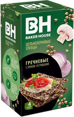 Хлебцы цельнозерновые "Скандинавские" гречневые с луком и грибами под товарным знаком "Baker House"  180г*8шт - фото 4857